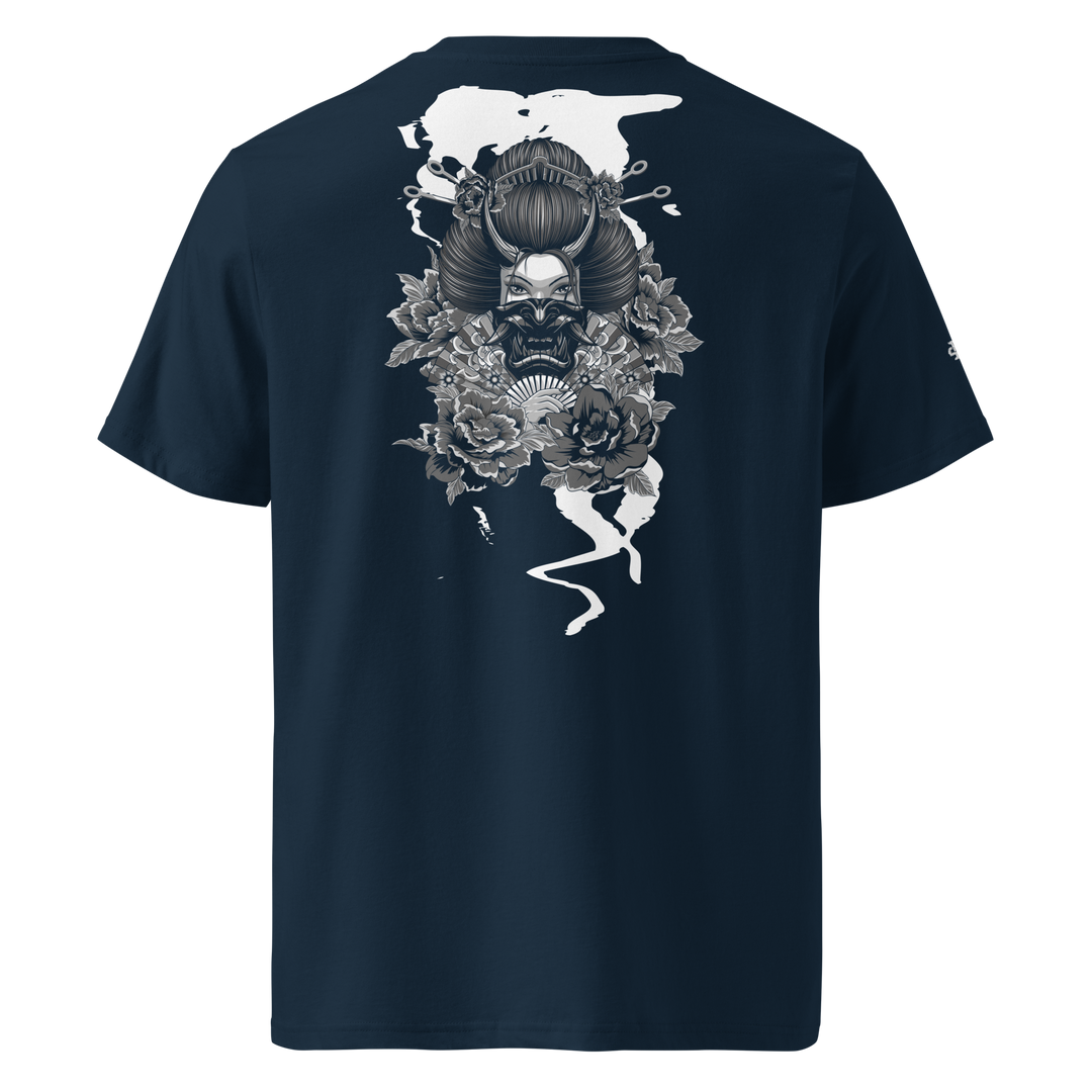 rench Navy Elegant Malevolence Graphic Tee featuring a Geisha back print, inspired by Japanese Irezumi tattoo art