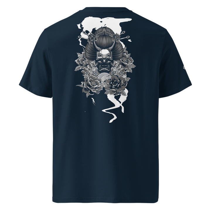 rench Navy Elegant Malevolence Graphic Tee featuring a Geisha back print, inspired by Japanese Irezumi tattoo art