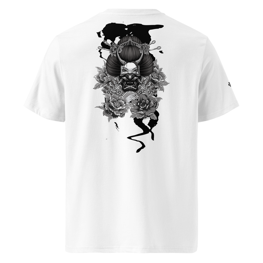 White Elegant Malevolence Graphic Tee with a back print of a Geisha, blending Japanese tattoo art with streetwear fashion