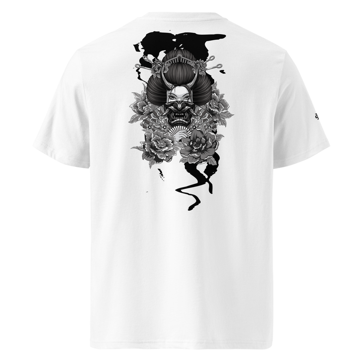 White Elegant Malevolence Graphic Tee with a back print of a Geisha, blending Japanese tattoo art with streetwear fashion