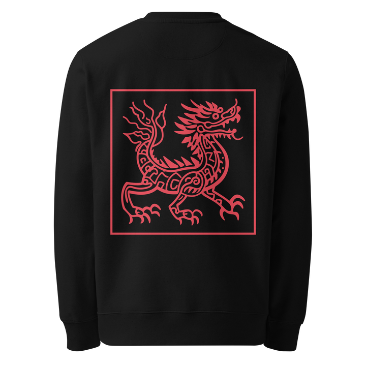 A bold Crimson Chinese Dragon design featured on the back of a black sweatshirt. The intricate dragon artwork is inspired by traditional Chinese tattoo art, showcasing a geometric frame and vivid red details. Perfect for streetwear and tattoo art enthusiasts.