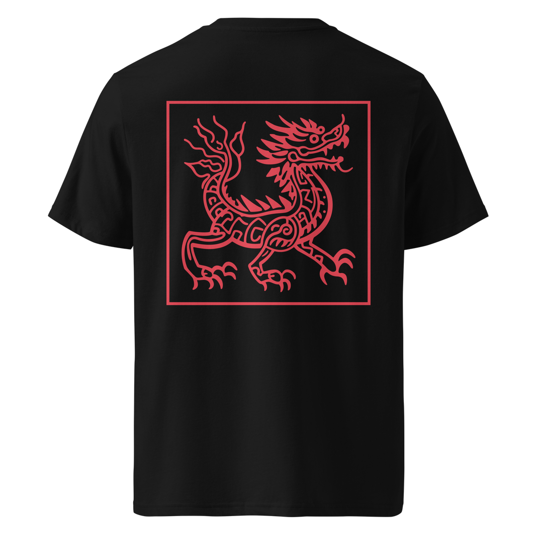 A black t-shirt showcasing a crimson red tribal-style serpent design within a square frame on the back, inspired by traditional tribal art.