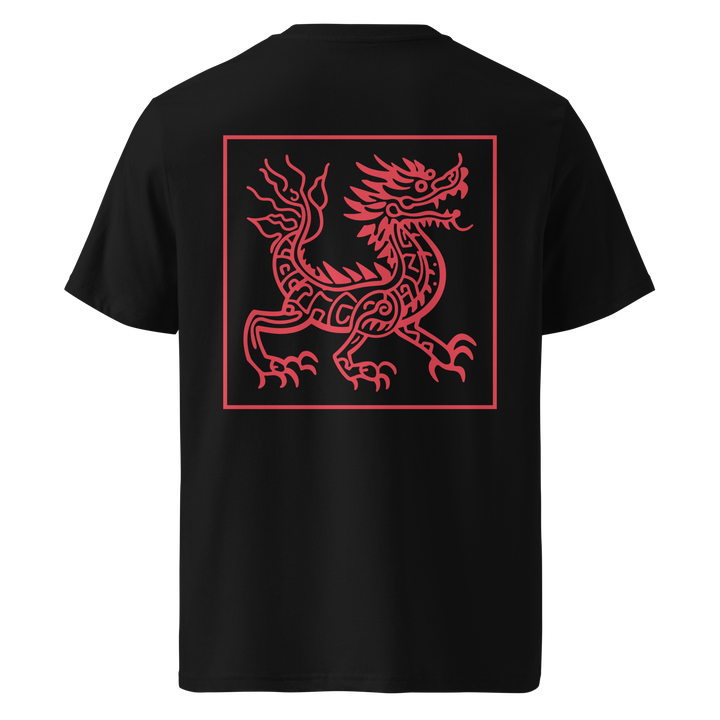 A black t-shirt showcasing a crimson red tribal-style serpent design within a square frame on the back, inspired by traditional tribal art.