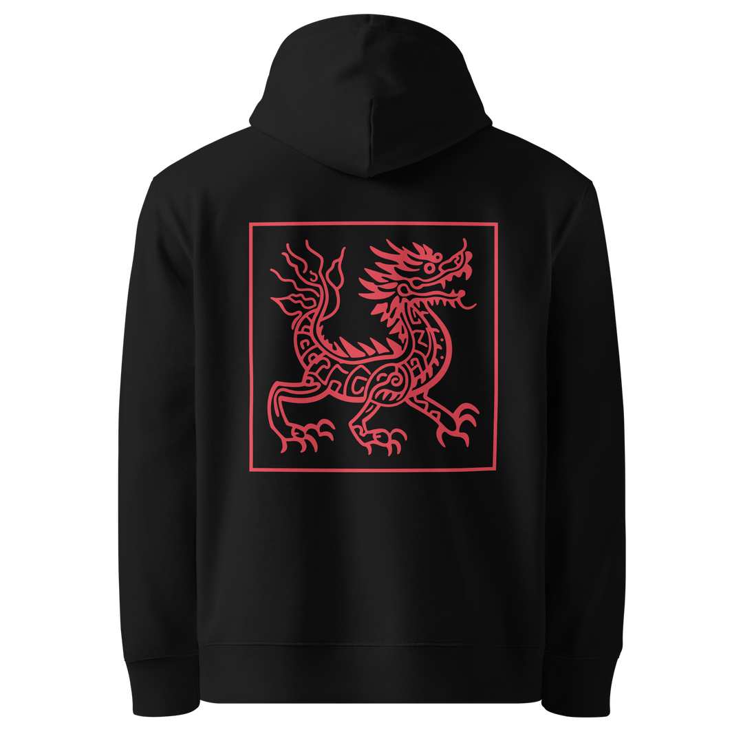 A black hoodie featuring a bold crimson red tribal-style dragon design on the left chest.