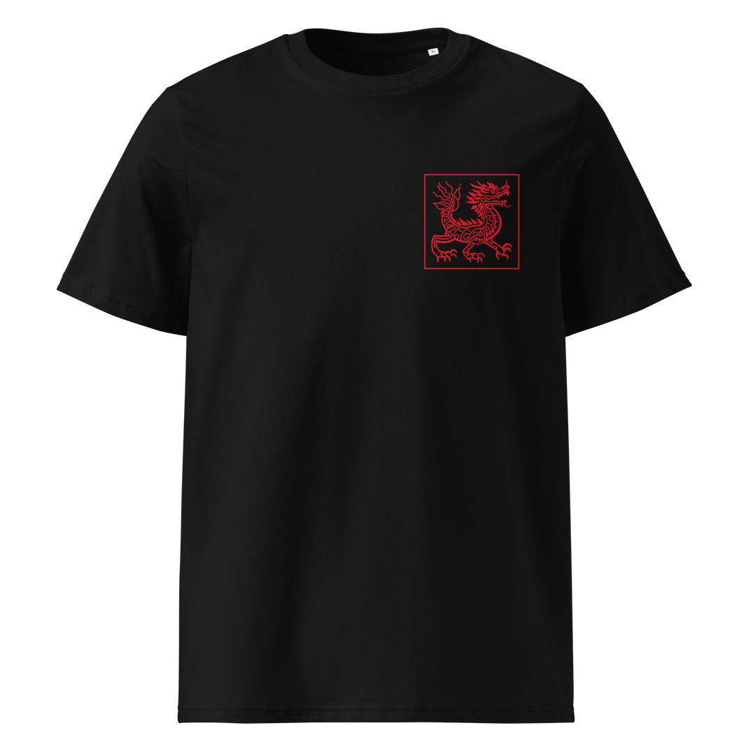 A black t-shirt with a red tribal-style dragon print on the left chest, minimalist and striking.