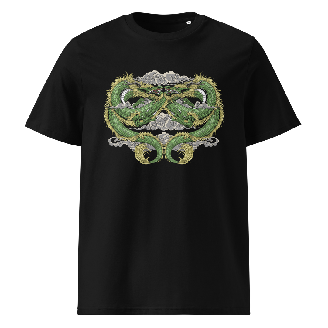 A black t-shirt featuring two entwined emerald green dragons with golden accents and swirling clouds as the front design, inspired by traditional Irezumi Tattoo Eastern art.