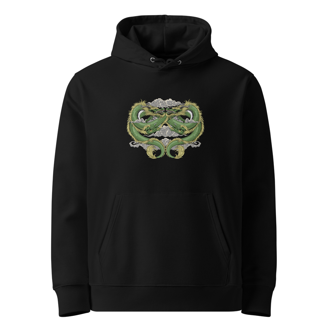 Emerald Double Dragon Hoodie featuring two emerald-green dragons in a symmetrical Japanese-inspired design.