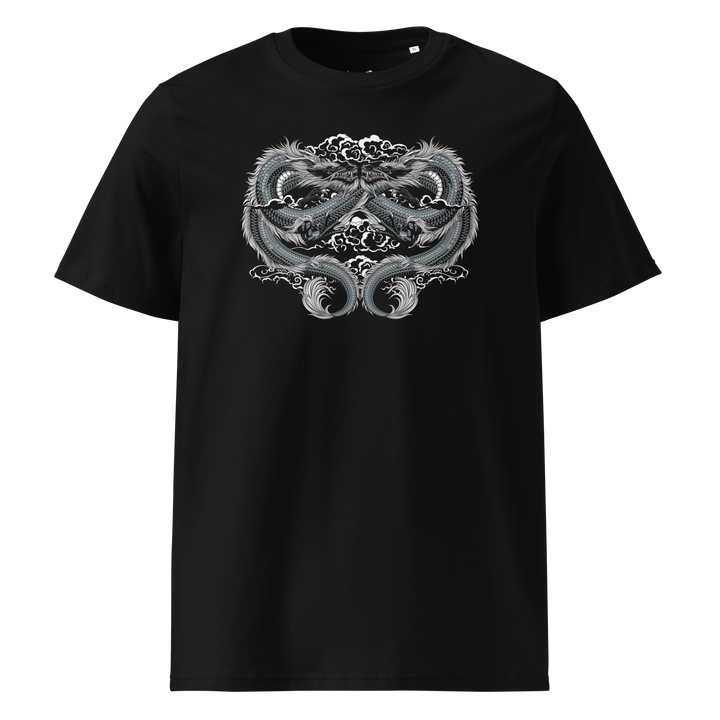 Black Endless Unity Dragon Graphic Tee featuring a front chest print of two intertwined dragons, inspired by Japanese Irezumi art