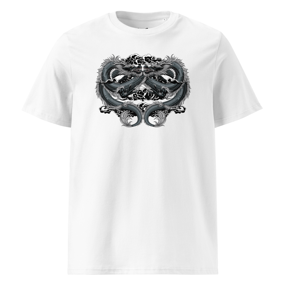 White Endless Unity Dragon Graphic Tee with a front chest print of two coiled dragons, blending Japanese tattoo art with streetwear fashion