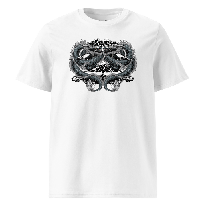 White Endless Unity Dragon Graphic Tee with a front chest print of two coiled dragons, blending Japanese tattoo art with streetwear fashion