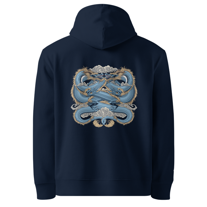 Endless Unity French Navy Hoodie featuring two dragons intertwined in harmony