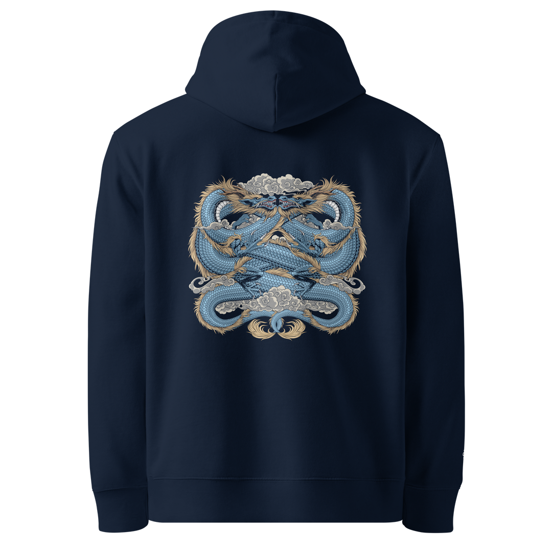 Endless Unity Graphic Hoodie in French Navy with a back print of two intertwined dragons