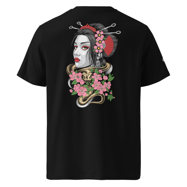 Black Entwined Elegance Geisha Graphic Tee featuring a back print of a geisha with a snake coiled around her, inspired by Japanese Irezumi art