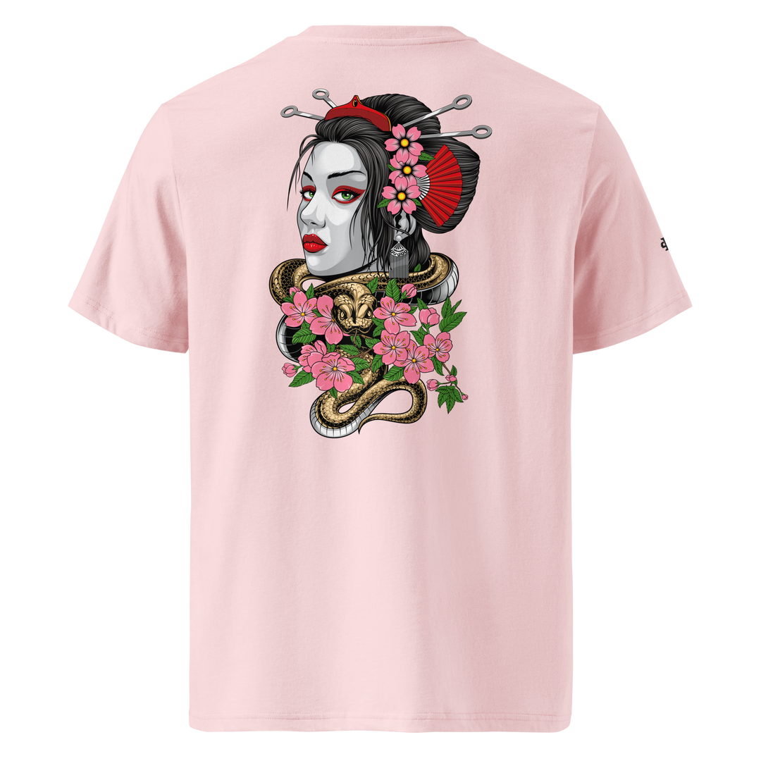 Cotton Pink Entwined Elegance Geisha Graphic Tee featuring a back print of a geisha and a snake, inspired by Japanese Irezumi art