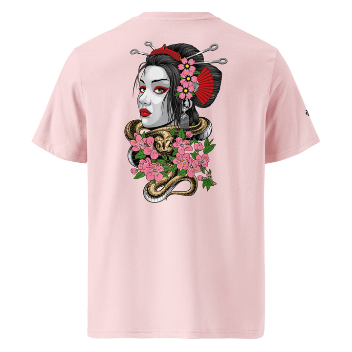 Cotton Pink Entwined Elegance Geisha Graphic Tee featuring a back print of a geisha and a snake, inspired by Japanese Irezumi art