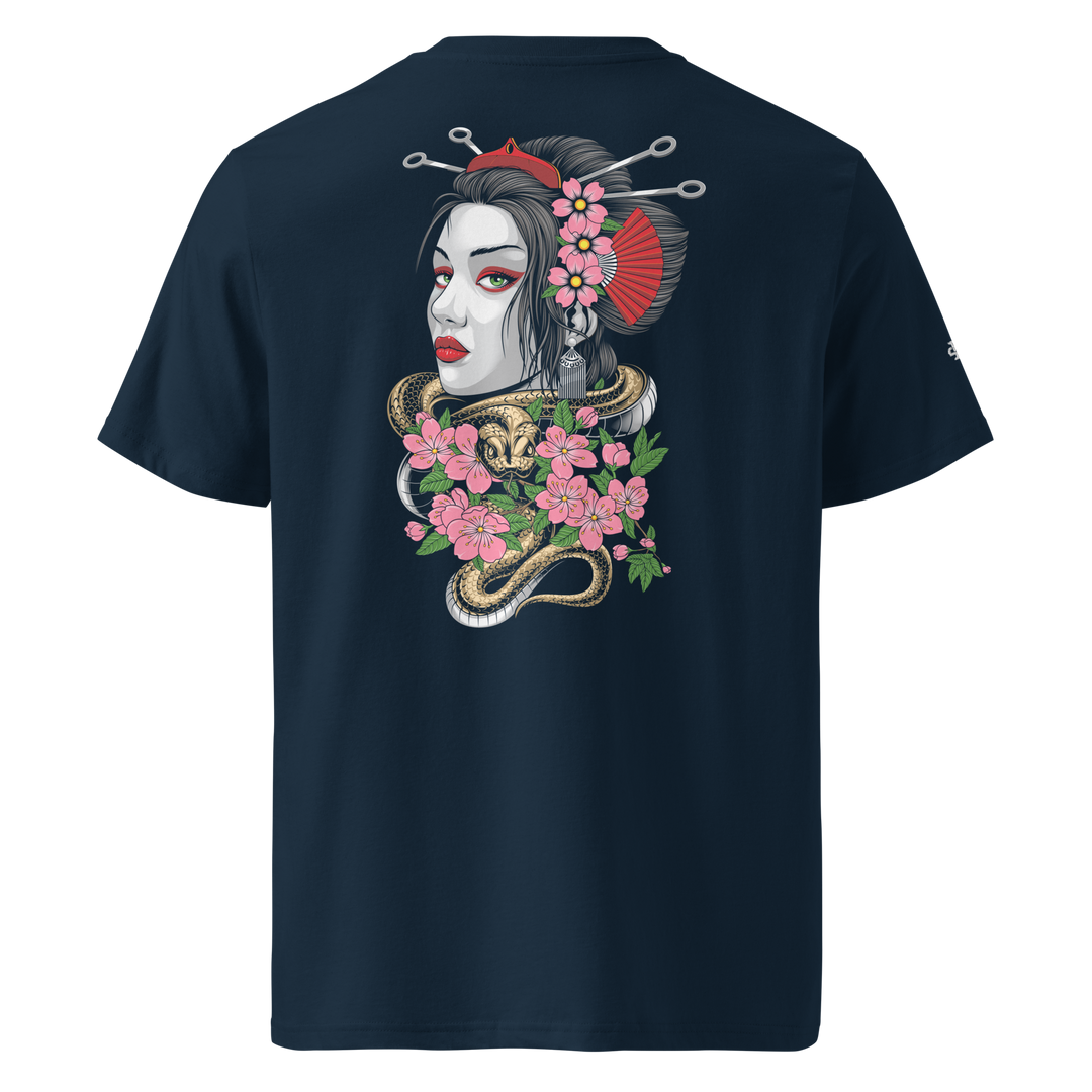 French Navy Entwined Elegance Geisha Graphic Tee featuring a back print of a geisha with a coiled snake, inspired by Japanese Irezumi art