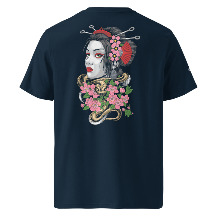 French Navy Entwined Elegance Geisha Graphic Tee featuring a back print of a geisha with a coiled snake, inspired by Japanese Irezumi art