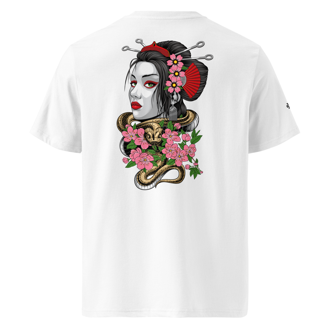 White Entwined Elegance Geisha Graphic Tee featuring a back print of a geisha and snake, blending Japanese tattoo art with streetwear fashion