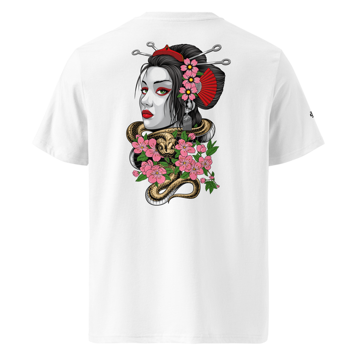 White Entwined Elegance Geisha Graphic Tee featuring a back print of a geisha and snake, blending Japanese tattoo art with streetwear fashion