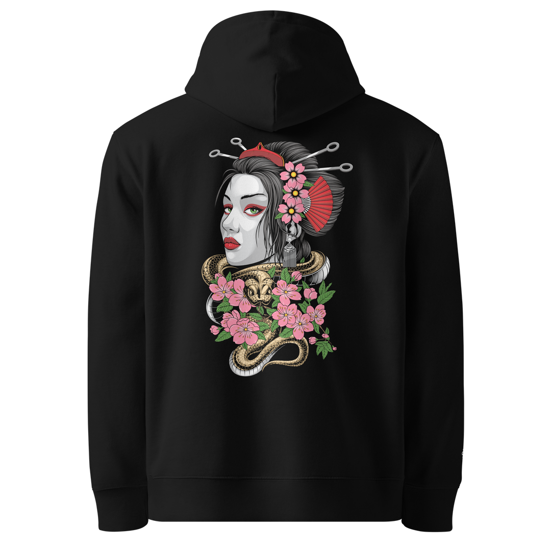 Black Entwined Elegance Graphic Hoodie featuring a back print of a geisha with a serpent coiled around her.