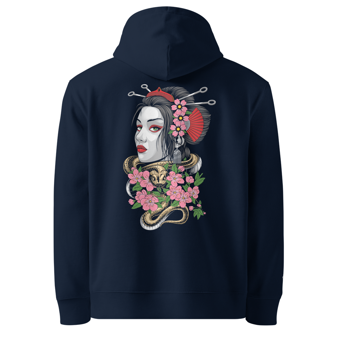 French Navy Entwined Elegance Graphic Hoodie featuring a back print of a geisha with a serpent coiled around her.