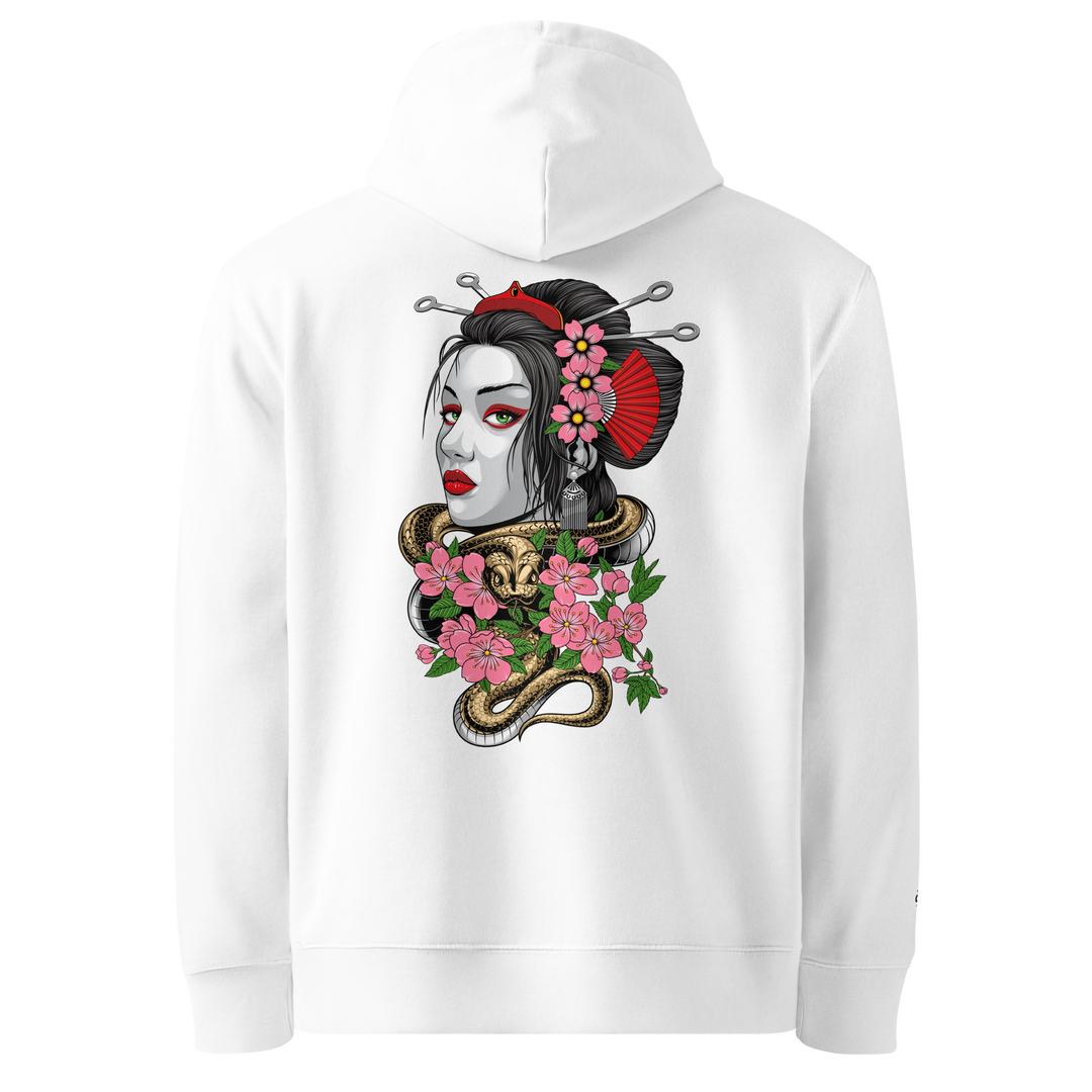 White Entwined Elegance Graphic Hoodie featuring a back print of a geisha with a serpent coiled around her.