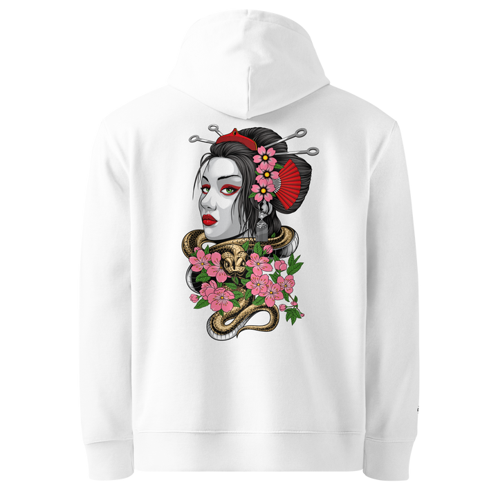 White Entwined Elegance Graphic Hoodie featuring a back print of a geisha with a serpent coiled around her.