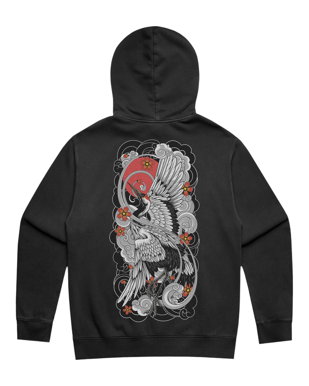 Faded black hoodie with in-house created large irezumi rising crane back print