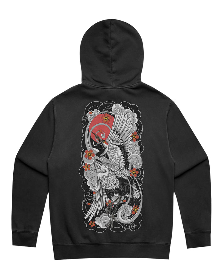 Faded black hoodie with in-house created large irezumi rising crane back print
