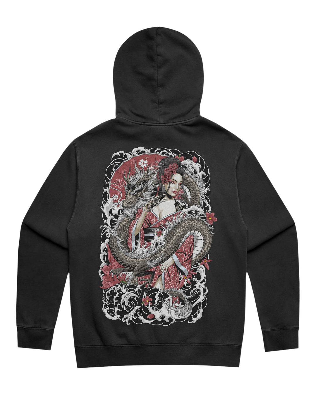 Faded black hoodie with in-house created geisha and dragon back print artwork
