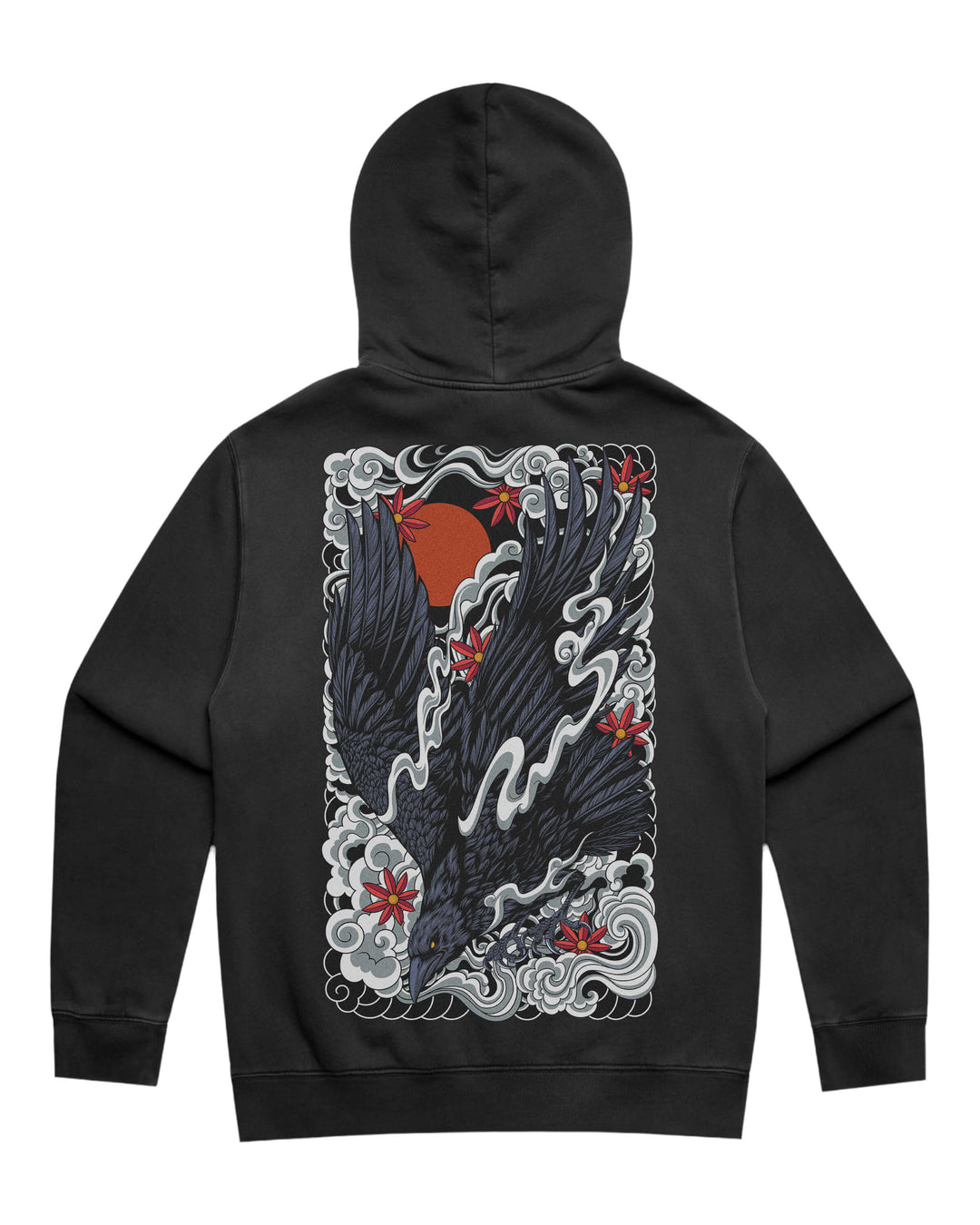 Faded black hoodie with in-house created irezumi raven diving against red sun back print