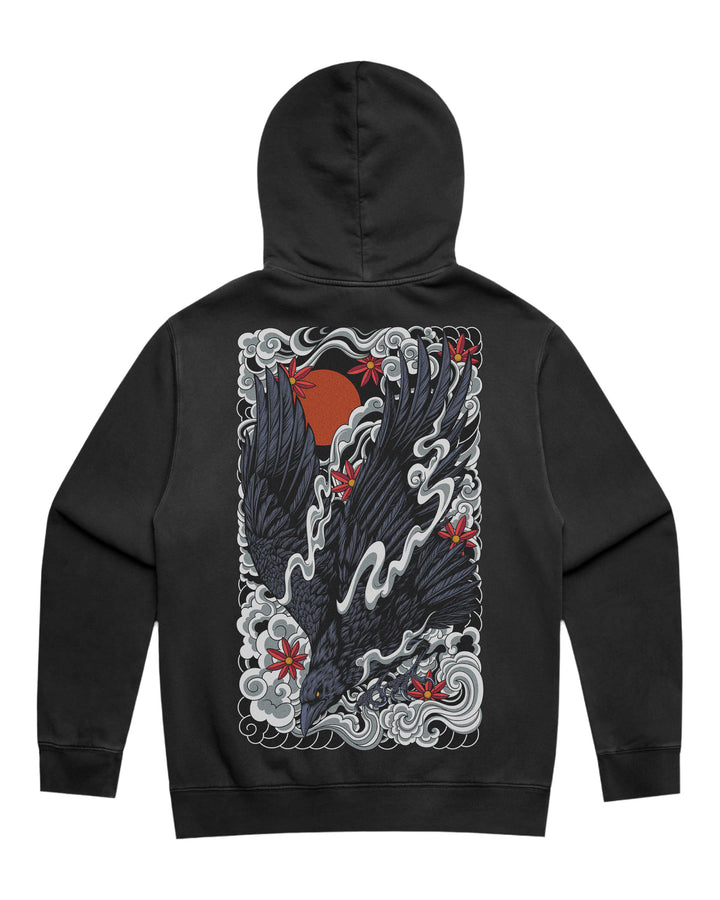 Faded black hoodie with in-house created irezumi raven diving against red sun back print