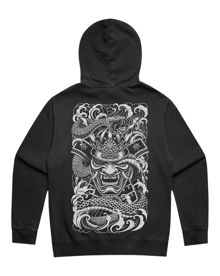 Faded black hoodie with in-house created irezumi samurai &amp;amp; snake back print