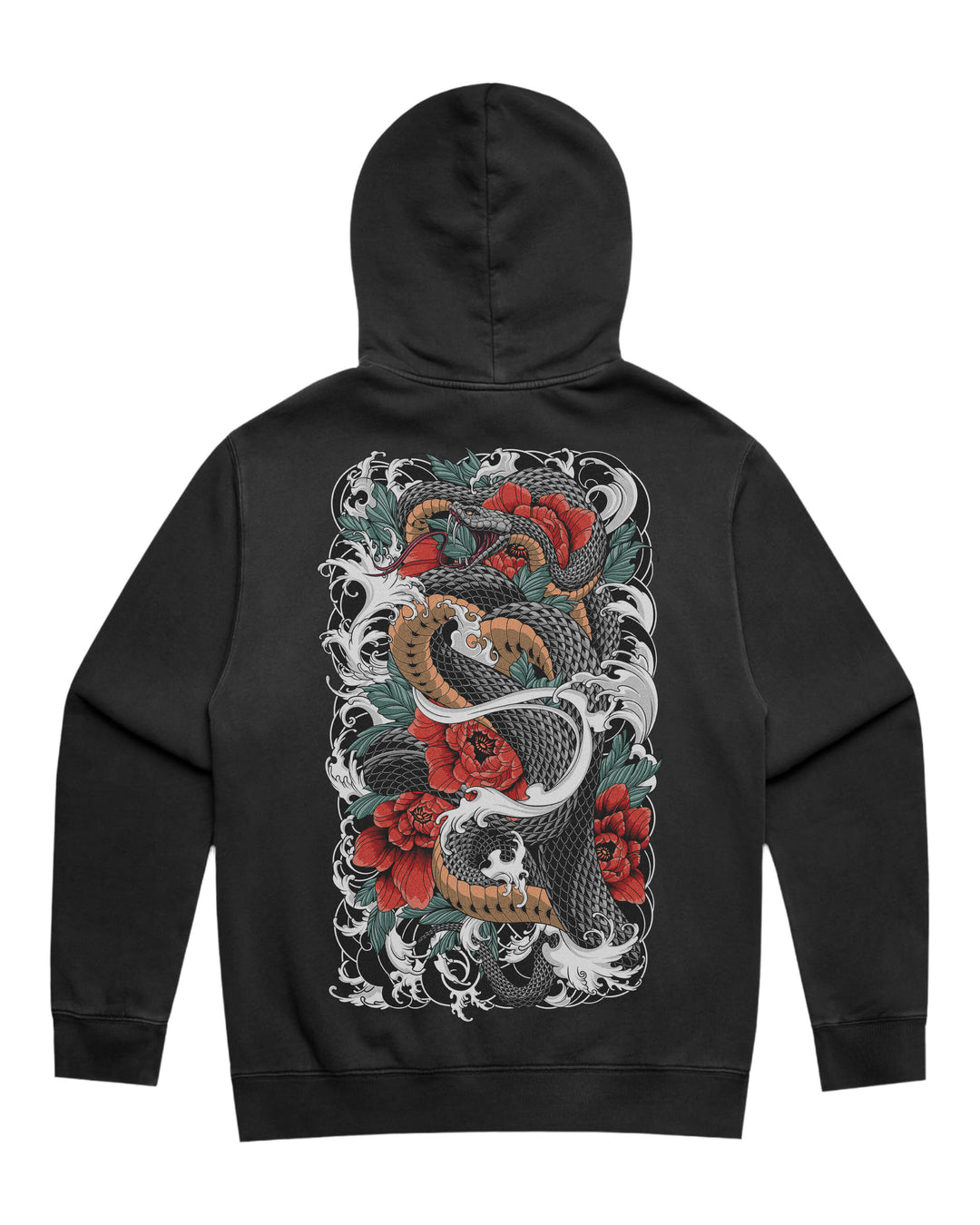 Faded black hoodie with in-house created irezumi snake &amp; flowers large back print