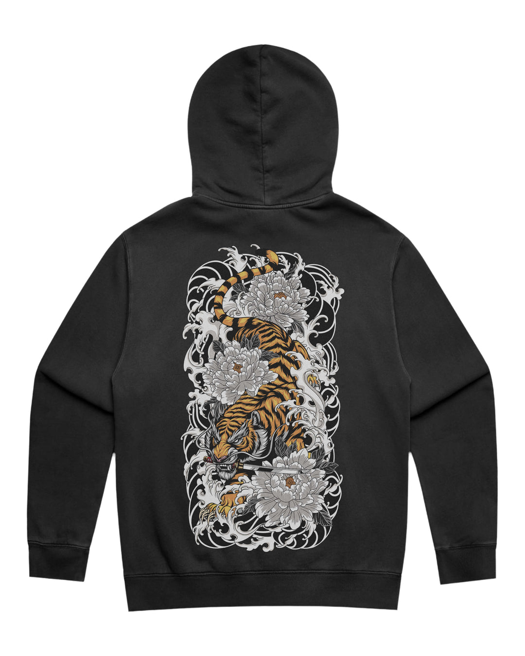 Faded black hoodie with in-house created large Japanese tiger back print