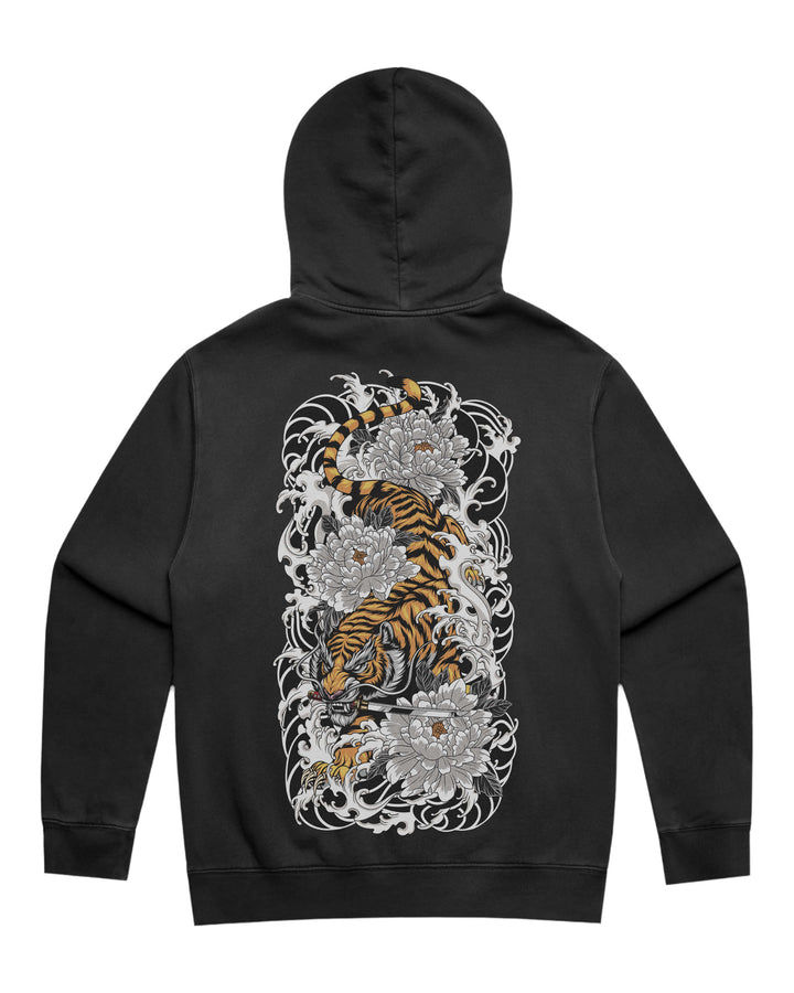 Faded black hoodie with in-house created large Japanese tiger back print