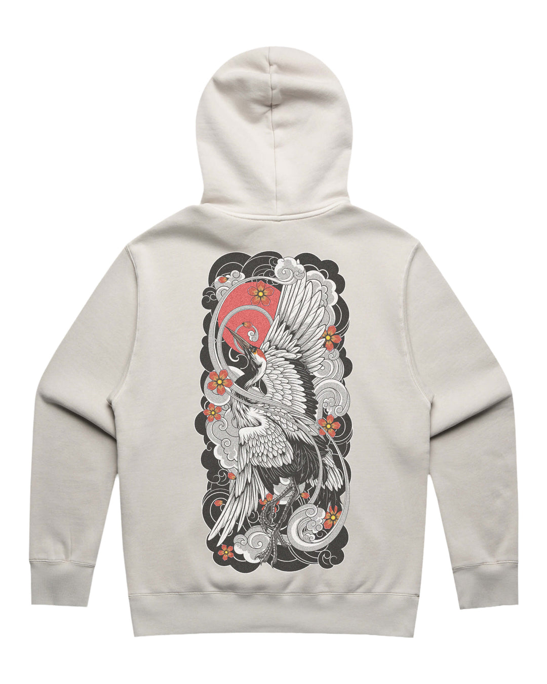 Faded bone hoodie with in-house created large irezumi rising crane back print