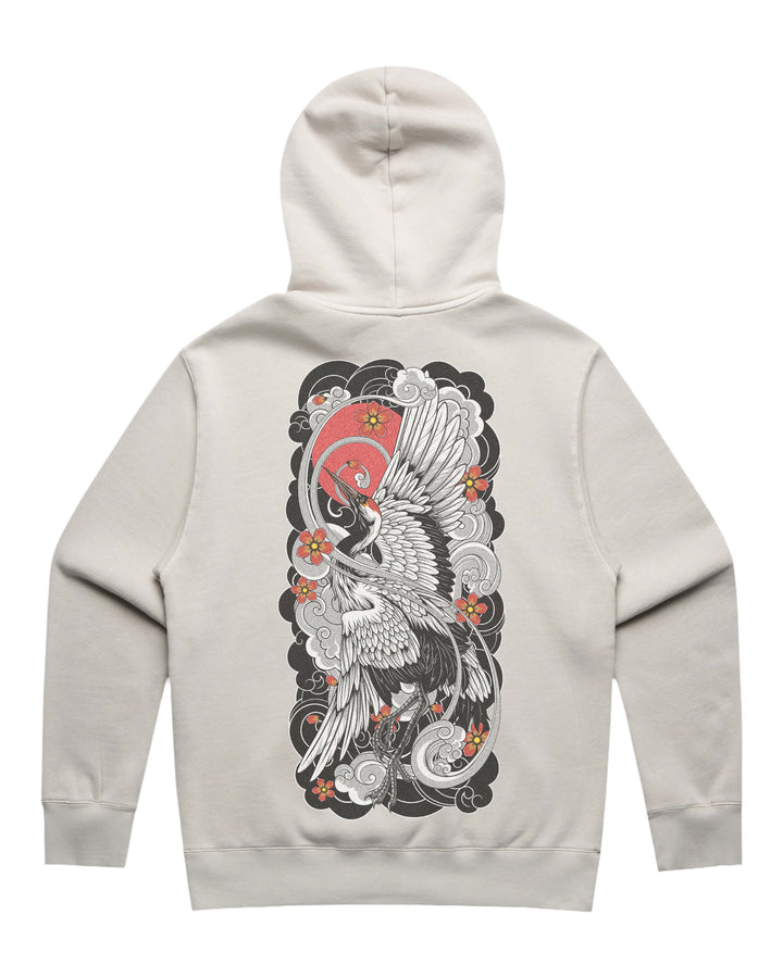 Faded bone hoodie with in-house created large irezumi rising crane back print