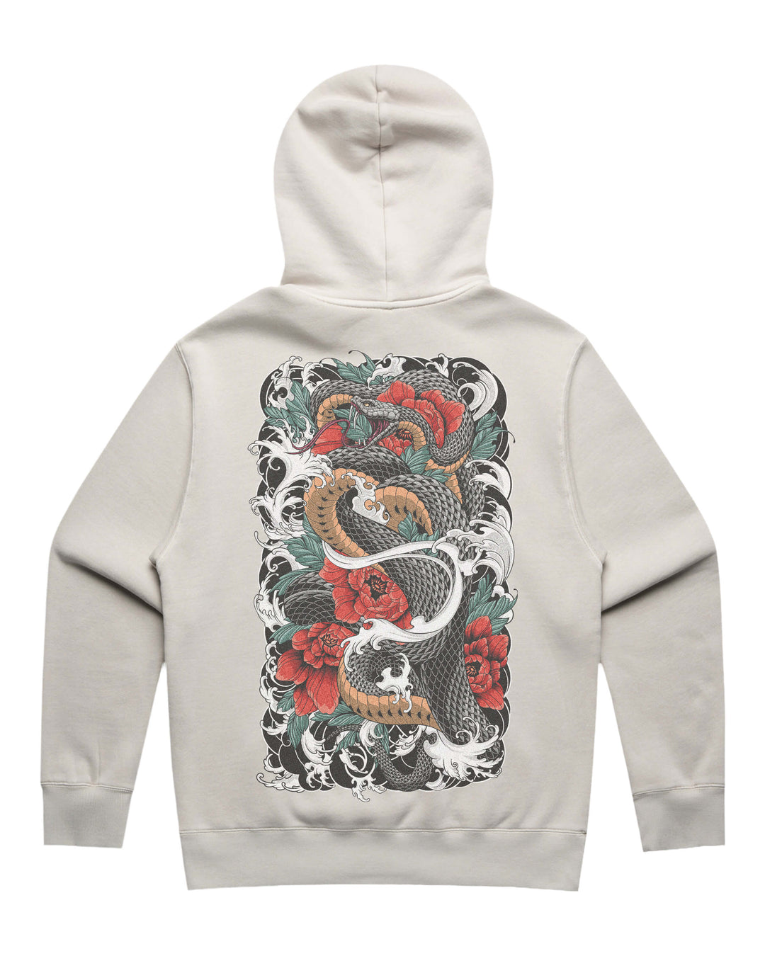Faded bone hoodie with in-house created irezumi snake &amp; flowers large back print