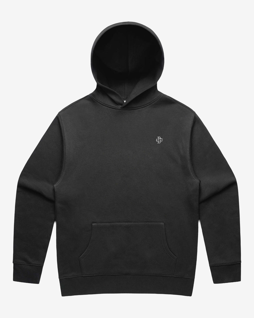faded black hoodie with small brand logo embroidery on left chest