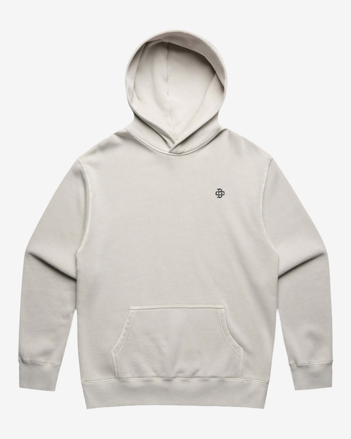 faded bone hoodie with small brand logo embroidery on left chest