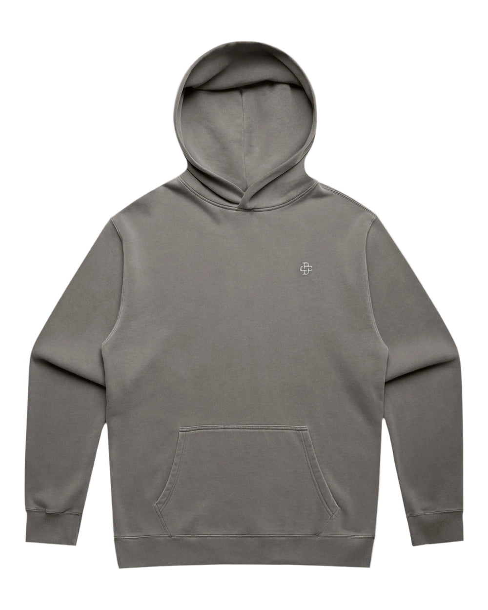 faded grey hoodie with small brand logo embroidery on left chest