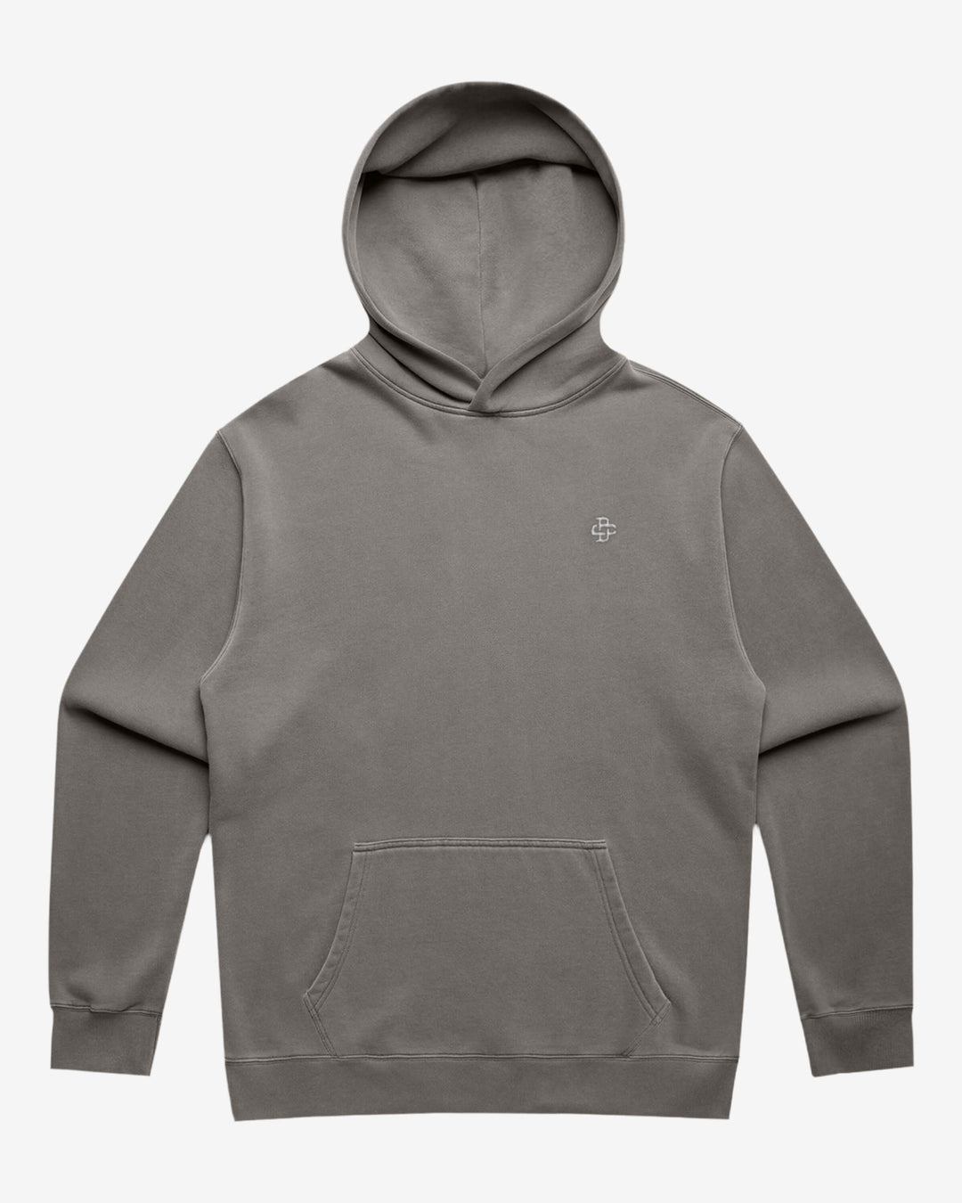 faded grey hoodie with small brand logo embroidery on left chest