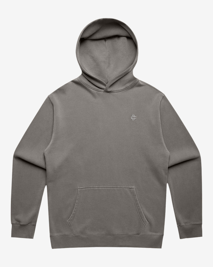 faded grey hoodie with small brand logo embroidery on left chest
