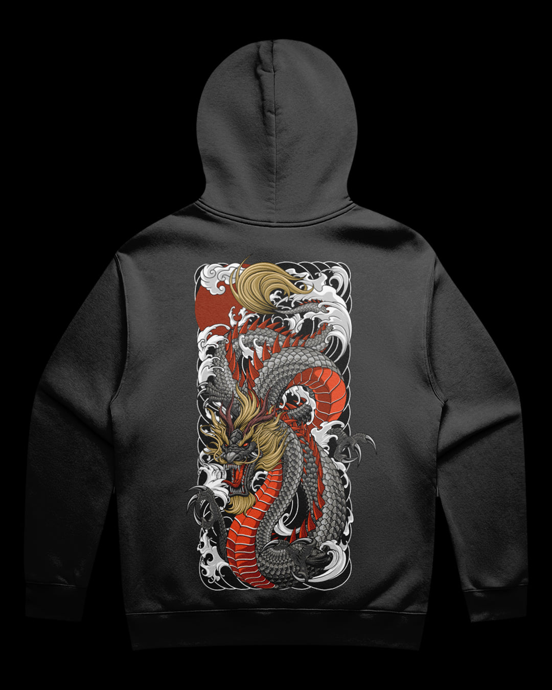 Black hoodie with a dragon design on the back