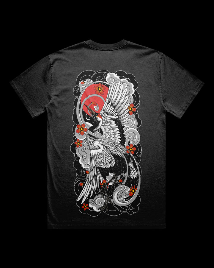 Faded T-shirt featuring Japanese Irezumi-style crane artwork