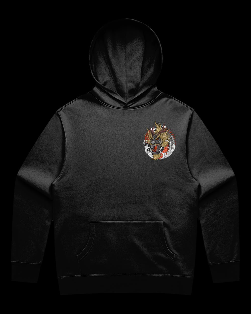 Black hoodie with a dragon design 