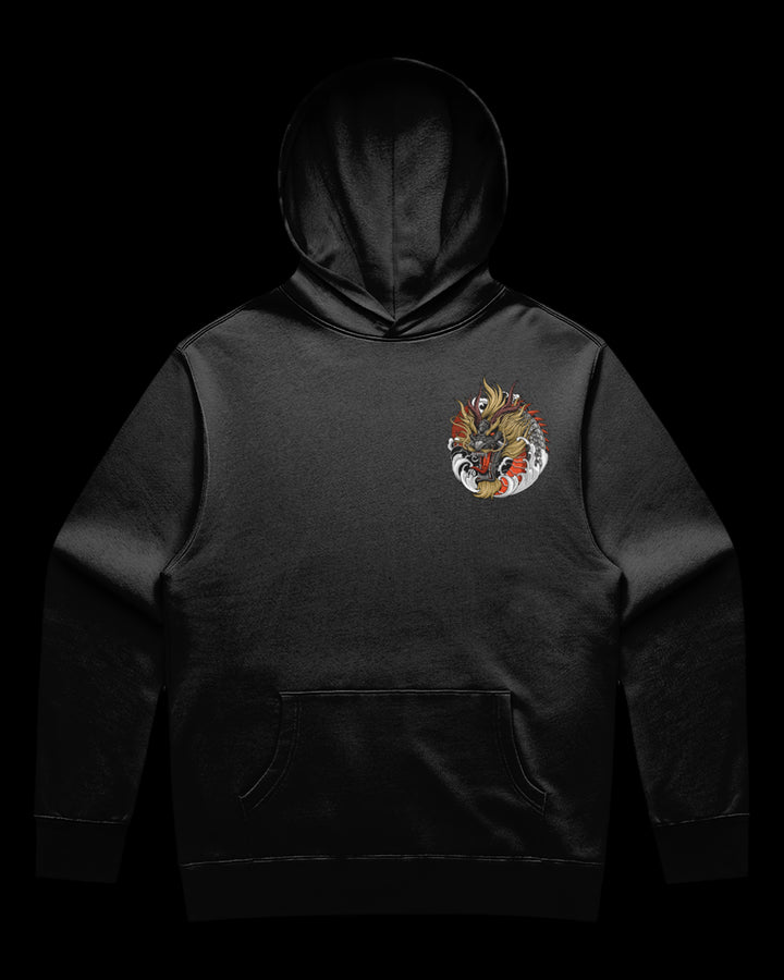 Black hoodie with a dragon design 