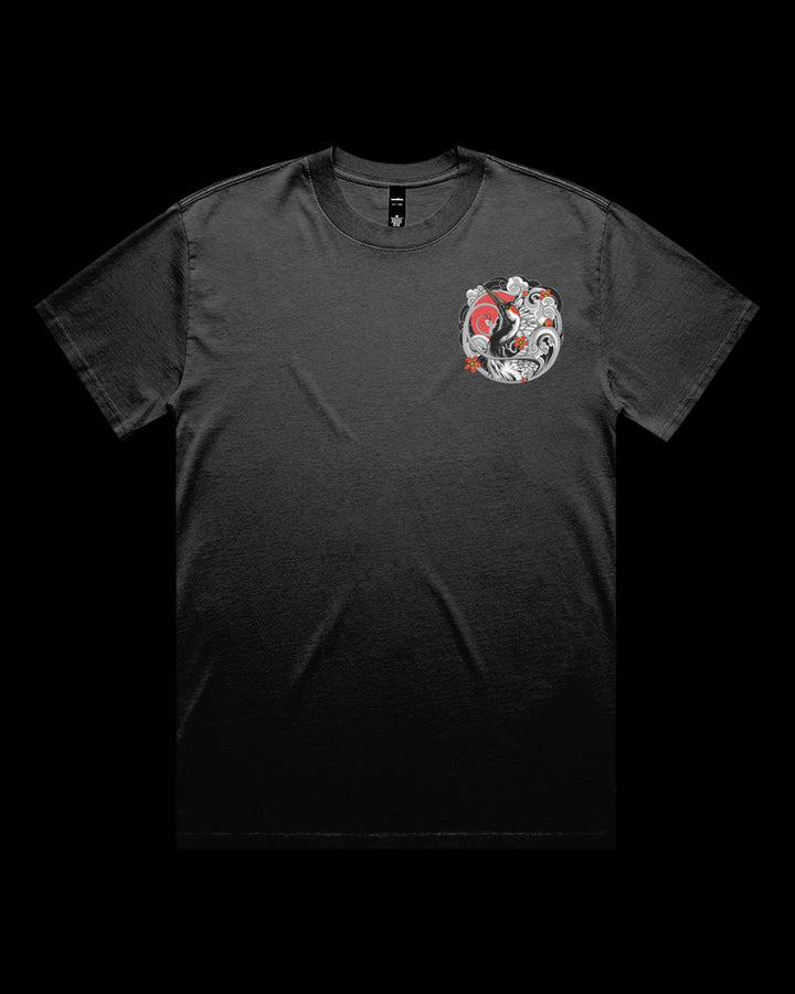 Faded T-shirt featuring Japanese Irezumi-style crane artwork