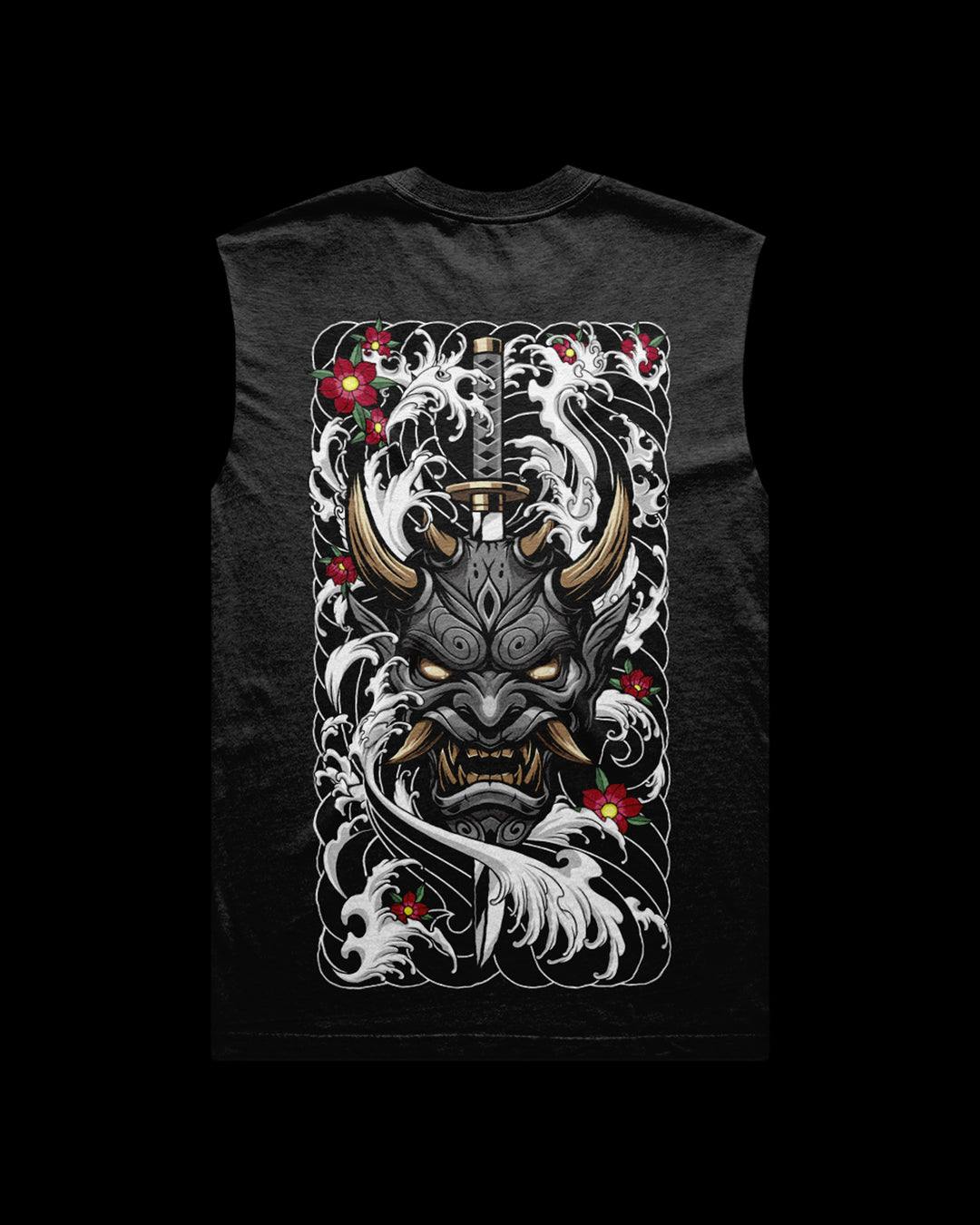 Black sleeveless shirt with a pierced oni mask and irezumi detail